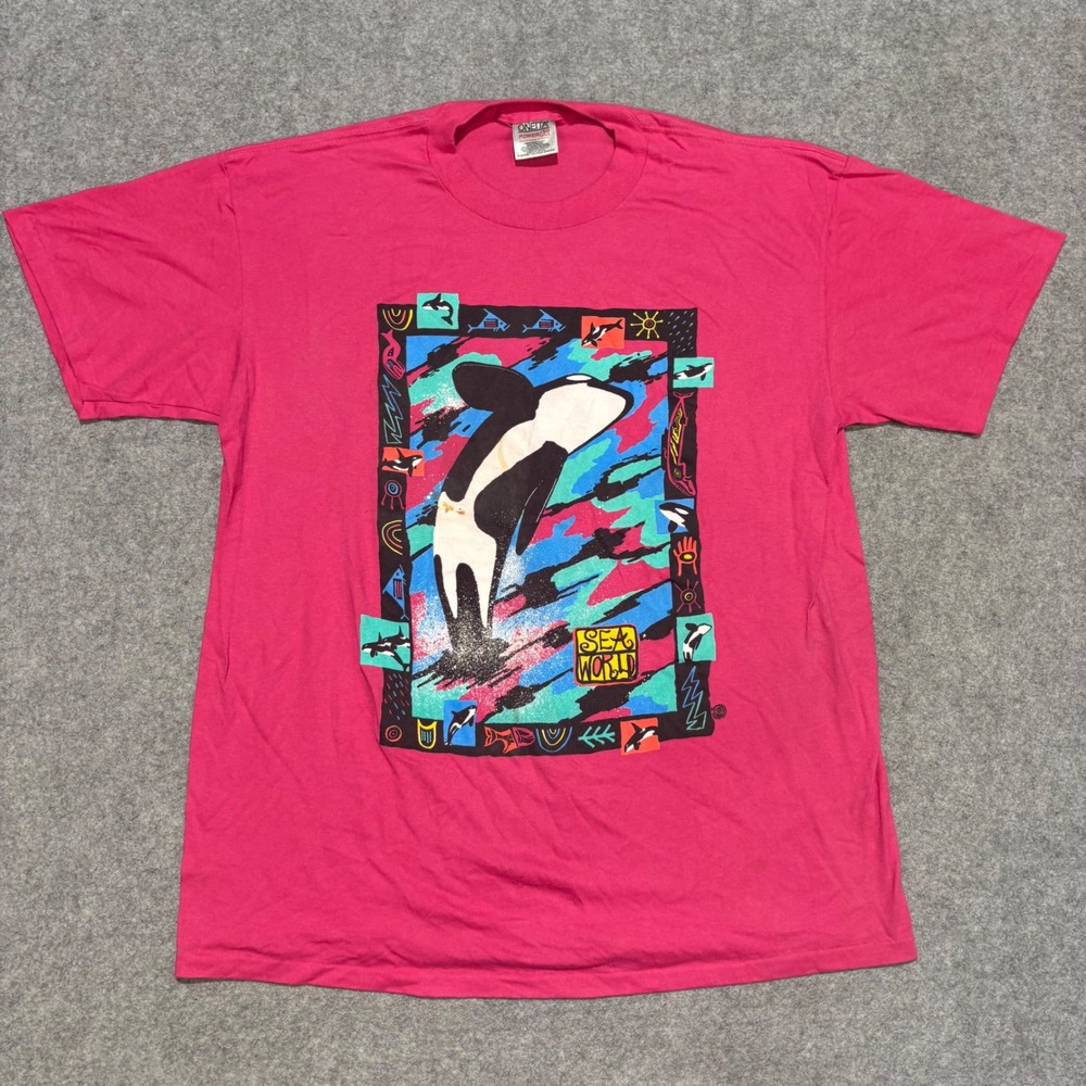 Vintage SeaWorld Orca Whale Graphic T-Shirt Pink Oneita Power 50 XL 90s Retro